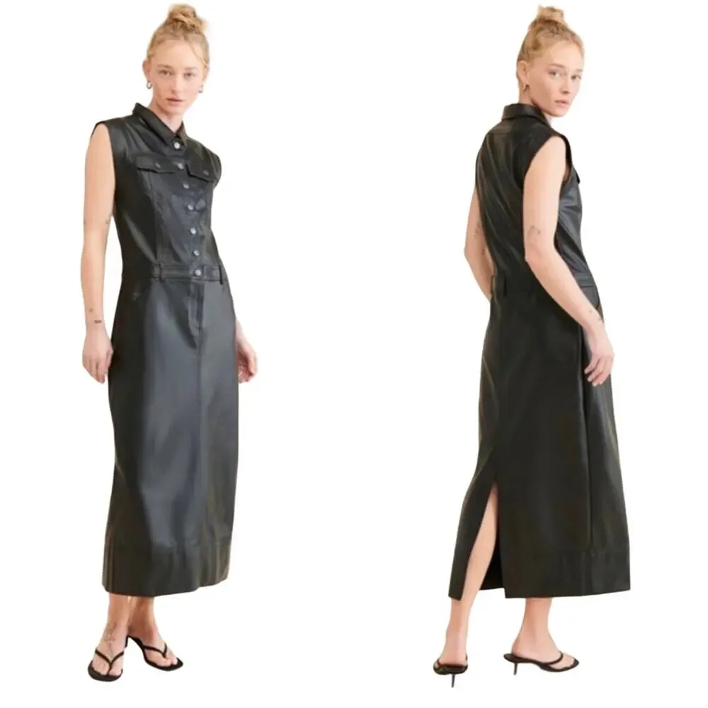 Free People Danni Black Faux Leather Midi Shirt Dress Small